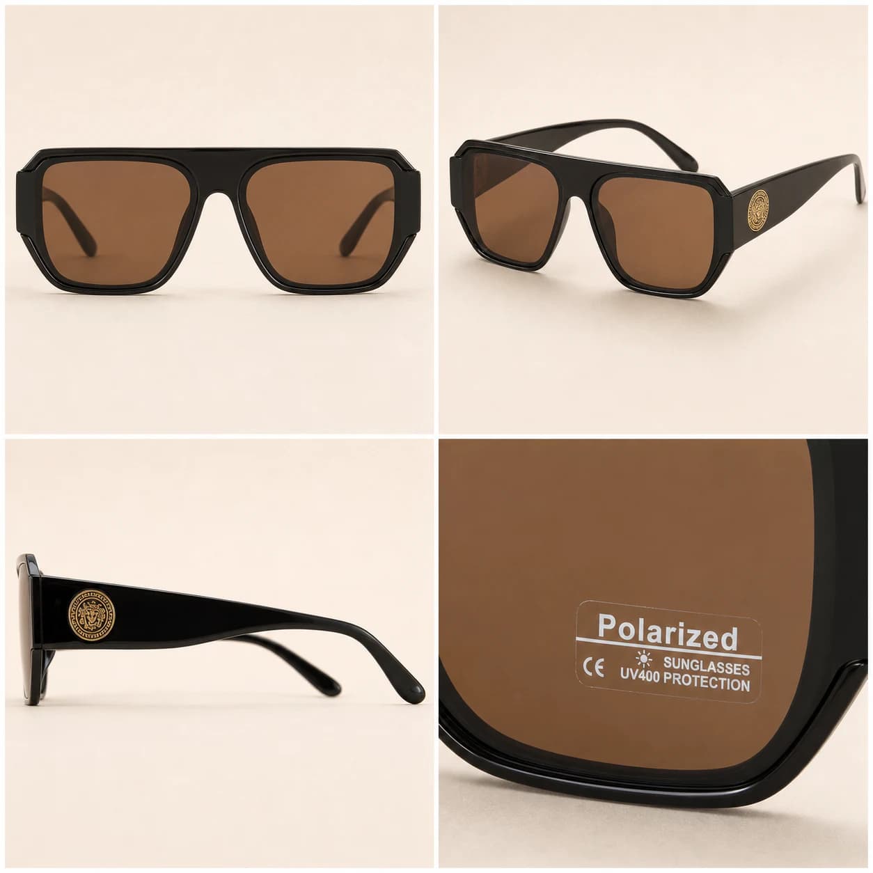 Форма оправи, широка дужка та заявлене маркування Polarized UV400